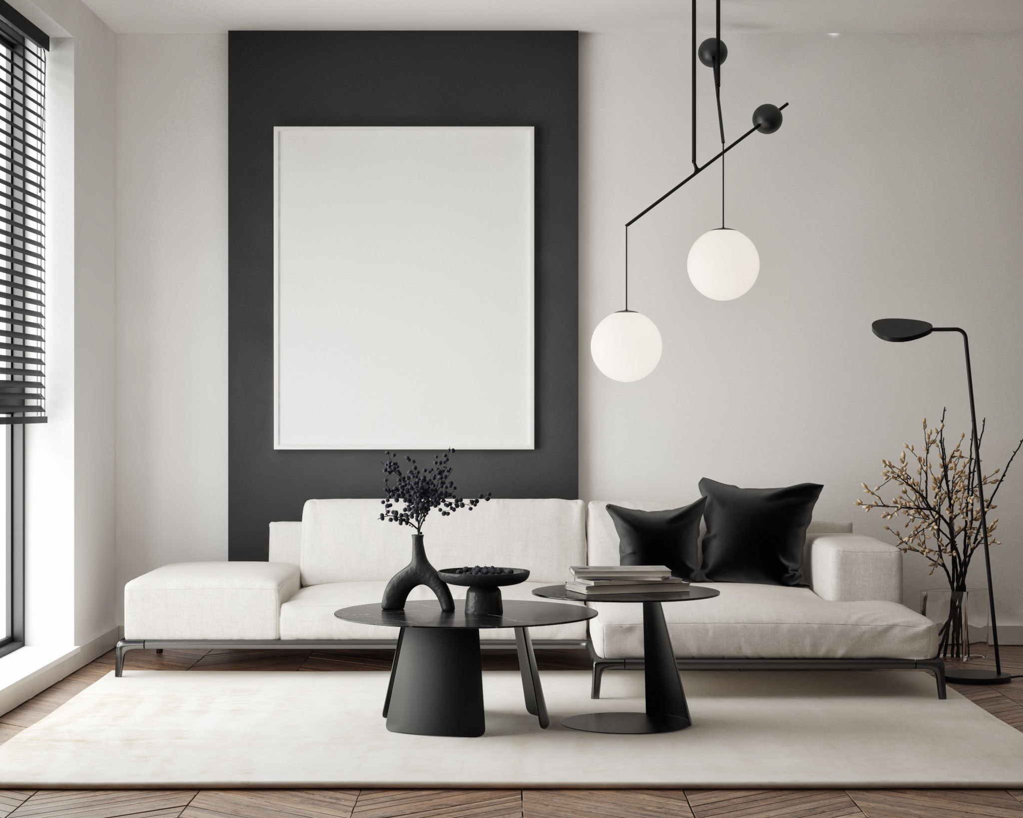 Mockup poster frame on the wall of living room. Luxurious apartment background with contemporary design. Modern interior design. 3D render, 3D illustration Mockup poster frame on the wall of living room. Luxurious apartment background with contemporary design. Modern interior design. 3D render, 3D illustration