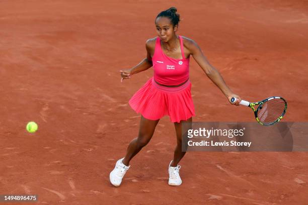 Leylah Fernandez of Canada plays a forehand against Clara Tauson of Denmark during Women's Singles Second Match on Day Four of the 2023 French Open...