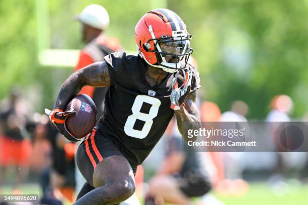 Elijah Moore of the Cleveland Browns runs a drill during the Cleveland Browns OTAs at CrossCountry Mortgage Campus on May 31, 2023 in Berea, Ohio.