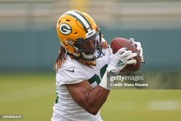 Aaron Jones of the Green Bay Packers participates in an OTA practice session at Don Hutson Center on May 31, 2023 in Ashwaubenon, Wisconsin.