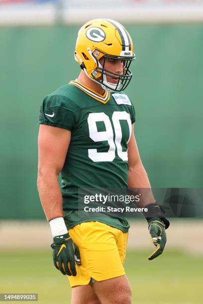 Lukas Van Ness of the Green Bay Packers participates in an OTA practice session at Don Hutson Center on May 31, 2023 in Ashwaubenon, Wisconsin.