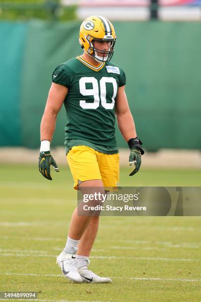 Lukas Van Ness of the Green Bay Packers participates in an OTA practice session at Don Hutson Center on May 31, 2023 in Ashwaubenon, Wisconsin.