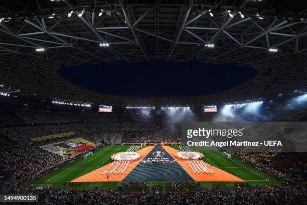 General view inside the stadium prior to the UEFA Europa League 2022/23 final match between Sevilla FC and AS Roma at Puskas Arena on May 31, 2023 in...