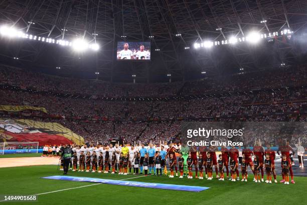 General view of the inside of the stadium as players of Sevilla FC and AS Roma line up prior to the UEFA Europa League 2022/23 final match between...
