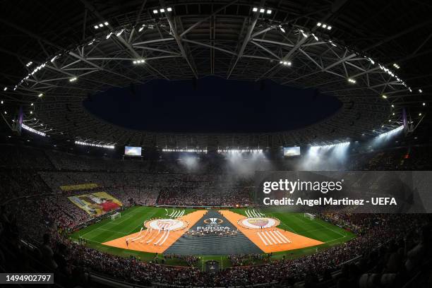 General view inside the stadium prior to the UEFA Europa League 2022/23 final match between Sevilla FC and AS Roma at Puskas Arena on May 31, 2023 in...