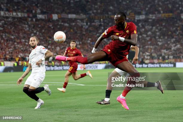 Tammy Abraham of AS Roma controls the ball during the UEFA Europa League 2022/23 final match between Sevilla FC and AS Roma at Puskas Arena on May...