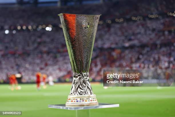 Detailed view of the UEFA Europa League trophy prior to the UEFA Europa League 2022/23 final match between Sevilla FC and AS Roma at Puskas Arena on...