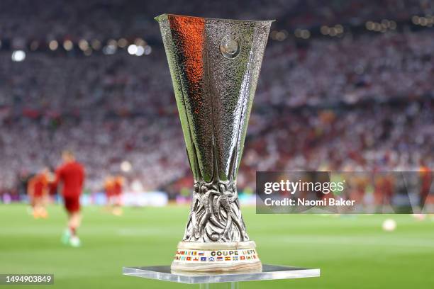 Detailed view of the UEFA Europa League trophy prior to the UEFA Europa League 2022/23 final match between Sevilla FC and AS Roma at Puskas Arena on...