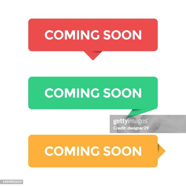 stockillustraties, clipart, cartoons en iconen met coming soon icon set and speech bubble vector design on white background. - aankondigingsbord
