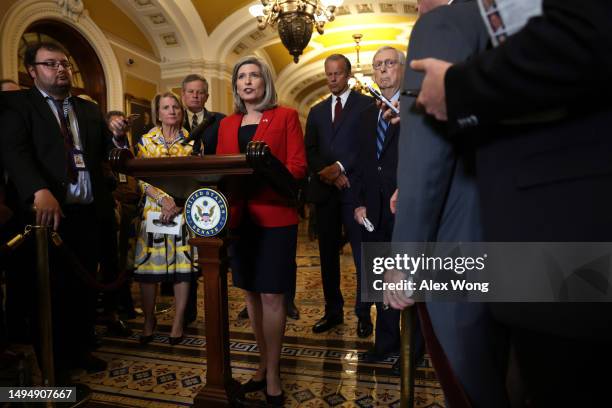 Sen. Joni Ernst speaks as Sen. Shelley Moore Capito , Sen. Steve Daines , Senate Minority Whip Sen. John Thune and Senate Minority Leader Sen. Mitch...