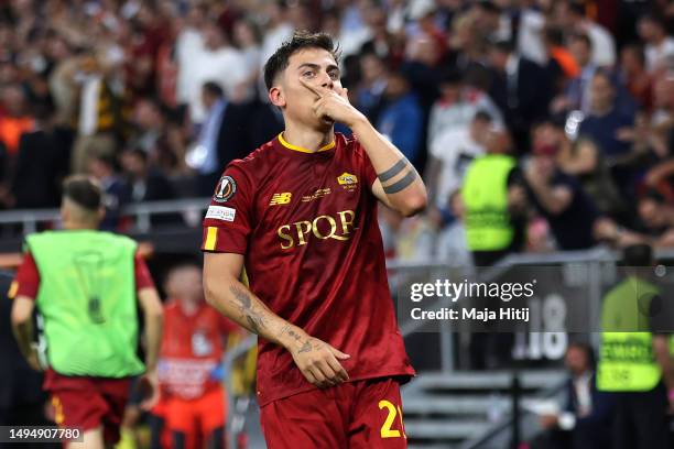 Paulo Dybala of AS Roma celebrates after scoring the team's first goal during the UEFA Europa League 2022/23 final match between Sevilla FC and AS...