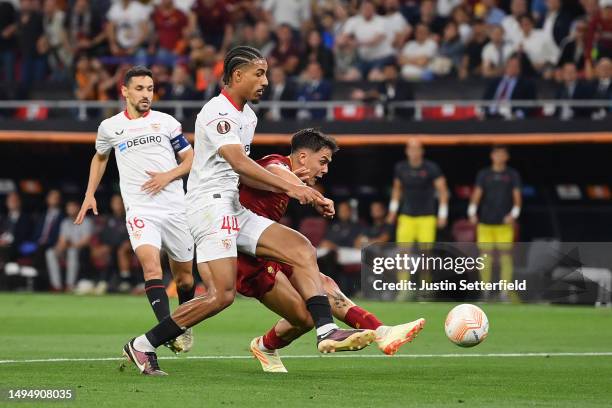 Paulo Dybala of AS Roma scores the team's first goal during the UEFA Europa League 2022/23 final match between Sevilla FC and AS Roma at Puskas Arena...