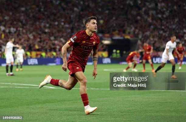 Paulo Dybala of AS Roma celebrates after scoring the team's first goal during the UEFA Europa League 2022/23 final match between Sevilla FC and AS...