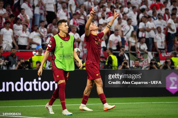 Paulo Dybala of AS Roma celebrates after scoring the team's first goal during the UEFA Europa League 2022/23 final match between Sevilla FC and AS...