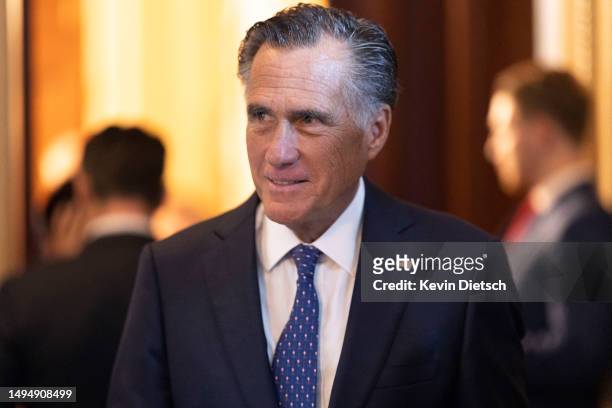 Sen. Mitt Romney leaves a Republican policy luncheon at the U.S. Capitol on May 31, 2023 in Washington, DC. The Senate is expected to take up The...