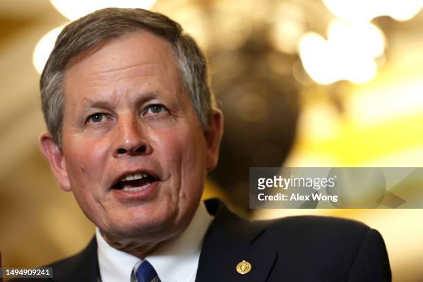 Sen. Steve Daines speaks during a news briefing after a weekly Republican policy luncheon at the U.S. Capitol on May 31, 2023 in Washington, DC....