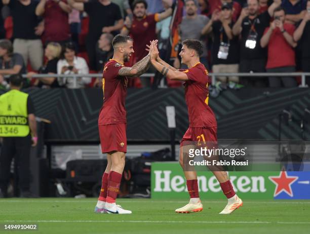 Paulo Dybala of AS Roma celebrates with Leonardo Spinazzola after scoring the goal during the UEFA Europa League 2022/23 final match between Sevilla...