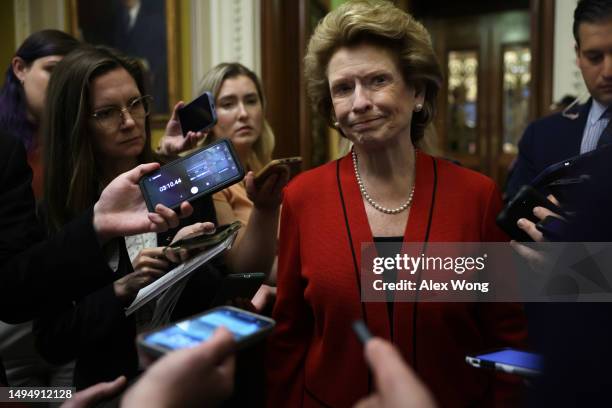 Sen. Debbie Stabenow speaks to members of the press after a weekly Democratic policy luncheon at the U.S. Capitol on May 31, 2023 in Washington, DC....