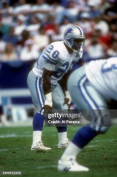 Running Back Barry Sanders of the Detroit Lions follows the action in the game between the Detroit Lions vs the New England Patriots at Foxboro...