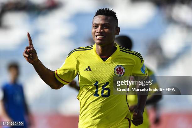 Oscar Cortes of Colombia celebrates after scoring the team's fifth goal during a FIFA U-20 World Cup Argentina 2023 Round of 16 match between...