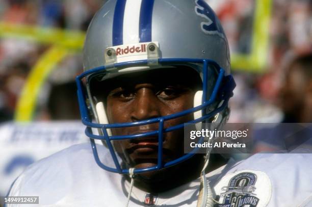 Running Back Barry Sanders of the Detroit Lions follows the action in the game between the Detroit Lions vs the New England Patriots at Foxboro...