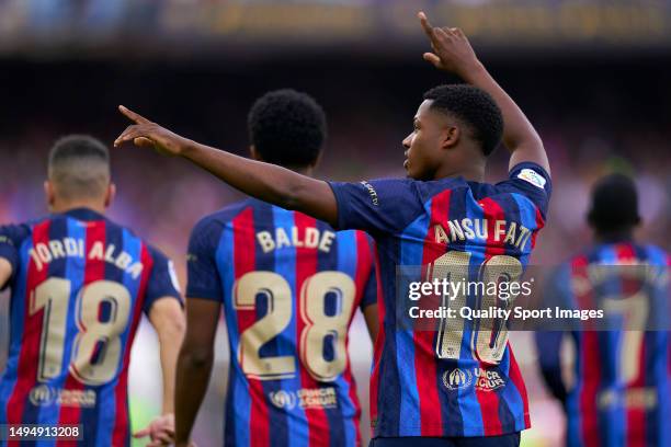 Ansu Fati of FC Barcelona Celebrates his team's first goal during the LaLiga Santander match between FC Barcelona and RCD Mallorca at Camp Nou on May...