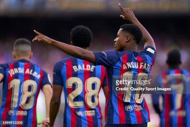 Ansu Fati of FC Barcelona Celebrates his team's first goal during the LaLiga Santander match between FC Barcelona and RCD Mallorca at Camp Nou on May...
