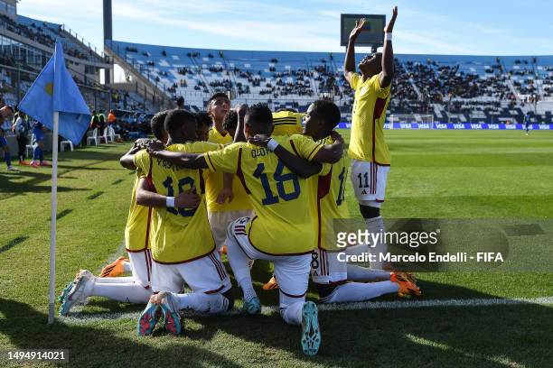 Yaser Asprilla of Colombia celebrates after scoring the team's second goal during a FIFA U-20 World Cup Argentina 2023 Round of 16 match between...