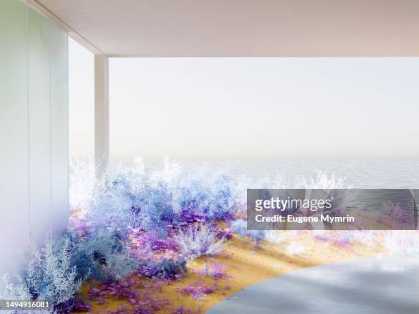 a 3d cgi sandy beach in the room with purple surreal plant on the background of the ocean. - moment of silence stock pictures, royalty-free photos & images