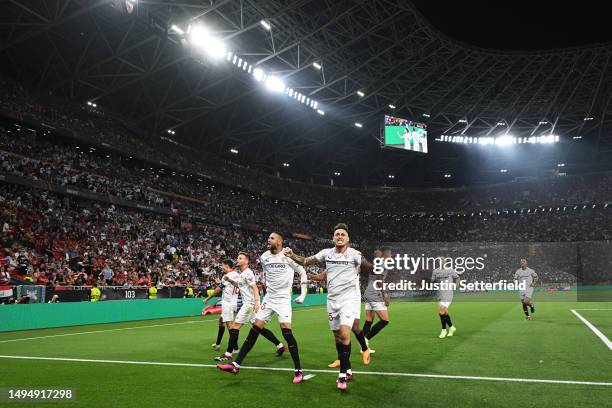 Lucas Ocampos of Sevilla FC celebrates after an own goal by Gianluca Mancini of AS Roma , Sevilla FC's first goal during the UEFA Europa League...