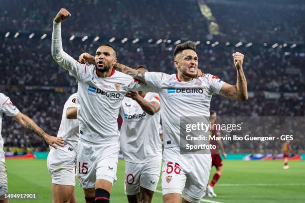 Youssef En-Nesyri of Sevilla and Lucas Ocampos of Sevilla celebrate their team's first goal during the UEFA Europa League 2022/23 final match between...