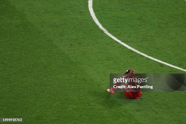Tammy Abraham of AS Roma reacts during the UEFA Europa League 2022/23 final match between Sevilla FC and AS Roma at Puskas Arena on May 31, 2023 in...
