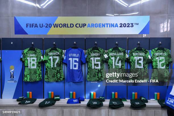 Dressing room of Nigeria prior the FIFA U-20 World Cup Argentina 2023 Round of 16 match between Argentina and Nigeria at Estadio San Juan on May 31,...