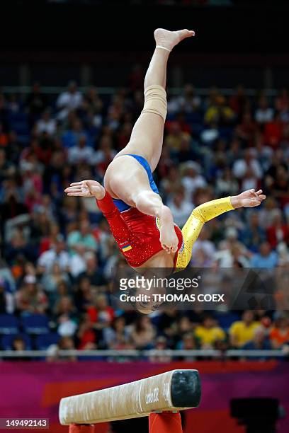 Colombia's gymnast Jessica Gil Ortiz performs on the beam during the women's qualification of the artistic gymnastics event of the London Olympic...