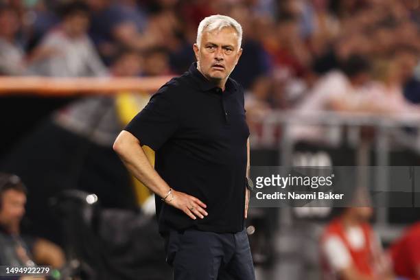 Jose Mourinho, Head Coach of AS Roma, reacts during the UEFA Europa League 2022/23 final match between Sevilla FC and AS Roma at Puskas Arena on May...