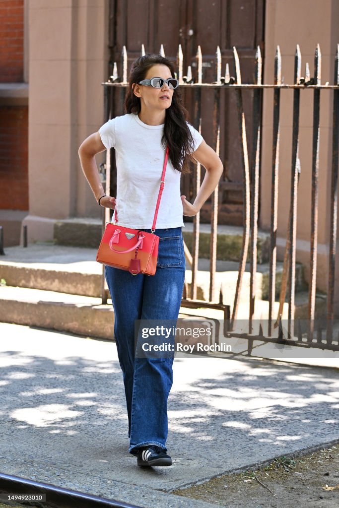Katie Holmes out in New York City carrying a Prada Galleria