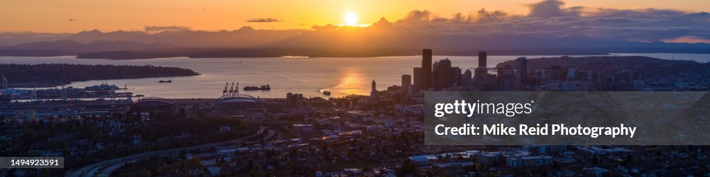 Aerial Downtown Seattle and Stadiums Elliott Bay and Alki