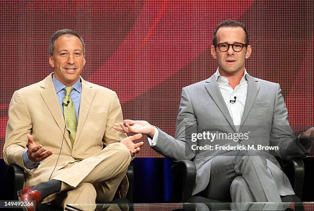 Writers/executive producers Max Mutchnick and David Kohan speak at the "Partners" discussion panel during the CBS portion of the 2012 Summer...