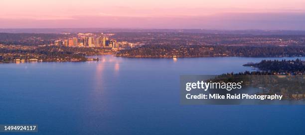 lake washington aerial view of bellevue and mercer island - lake washington stock pictures, royalty-free photos & images