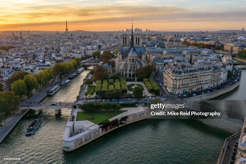 Aerial Paris Notre Dame and the Seine