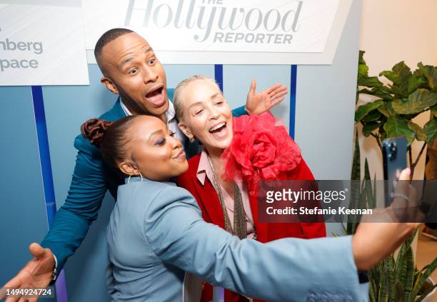 DeVon Franklin, Quinta Brunson, and Sharon Stone attend The Hollywood Reporter Raising Our Voices DEIA Luncheon at Wallis Annenberg GenSpace on May...