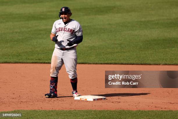 Josh Naylor of the Cleveland Guardians celebrates after hitting a three RBI double against the Baltimore Orioles in the fifth inning at Oriole Park...