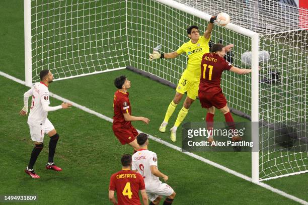 Chris Smalling of AS Roma heads against the crossbar during the UEFA Europa League 2022/23 final match between Sevilla FC and AS Roma at Puskas Arena...