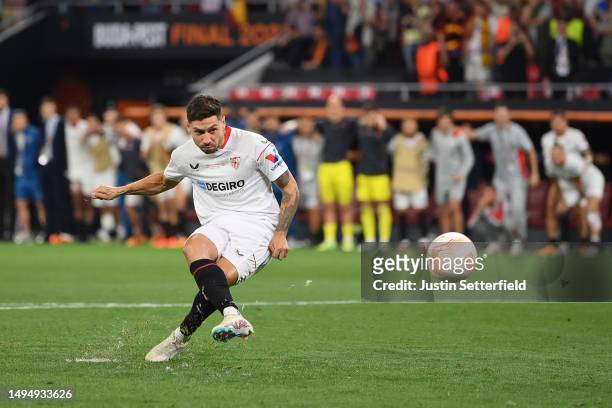 Gonzalo Montiel of Sevilla FC misses the fourth penalty, which was later re-taken during the UEFA Europa League 2022/23 final match between Sevilla...