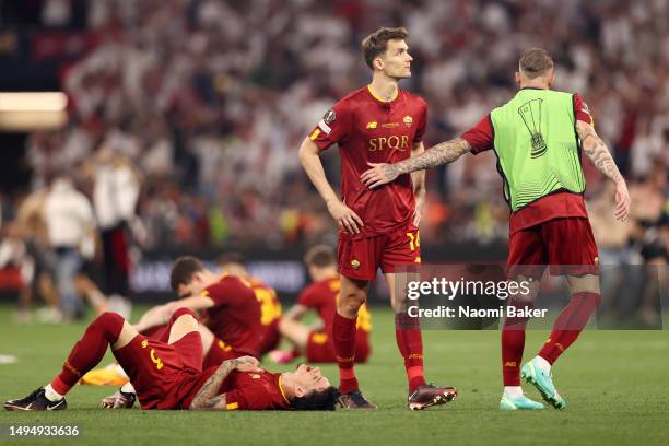 Diego Llorente of AS Roma looks dejected in the penalty shoot out during the UEFA Europa League 2022/23 final match between Sevilla FC and AS Roma at...