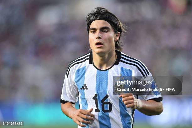 Luka Romero of Argentina gestures during the FIFA U-20 World Cup Argentina 2023 Round of 16 match between Argentina and Nigeria at Estadio San Juan...
