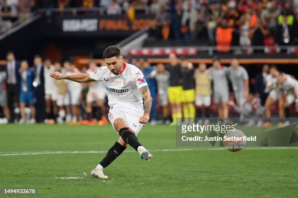 Gonzalo Montiel of Sevilla FC scores the sides winning penalty in the penalty shoot out during the UEFA Europa League 2022/23 final match between...