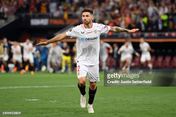 Gonzalo Montiel of Sevilla FC celebrates scoring the sides winning penalty in the penalty shoot out during the UEFA Europa League 2022/23 final match...