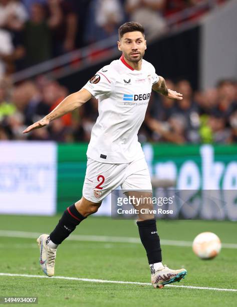 Gonzalo Montiel of Sevilla FC celebrates scoring the sides winning penalty in the penalty shoot out during the UEFA Europa League 2022/23 final match...