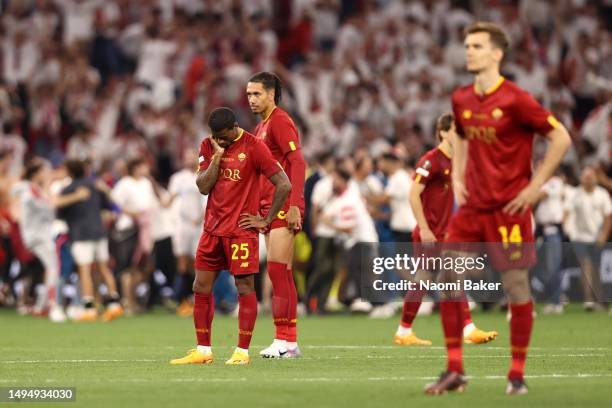 Georginio Wijnaldum of AS Roma looks dejected following the team's defeat in the penalty shoot out during the UEFA Europa League 2022/23 final match...